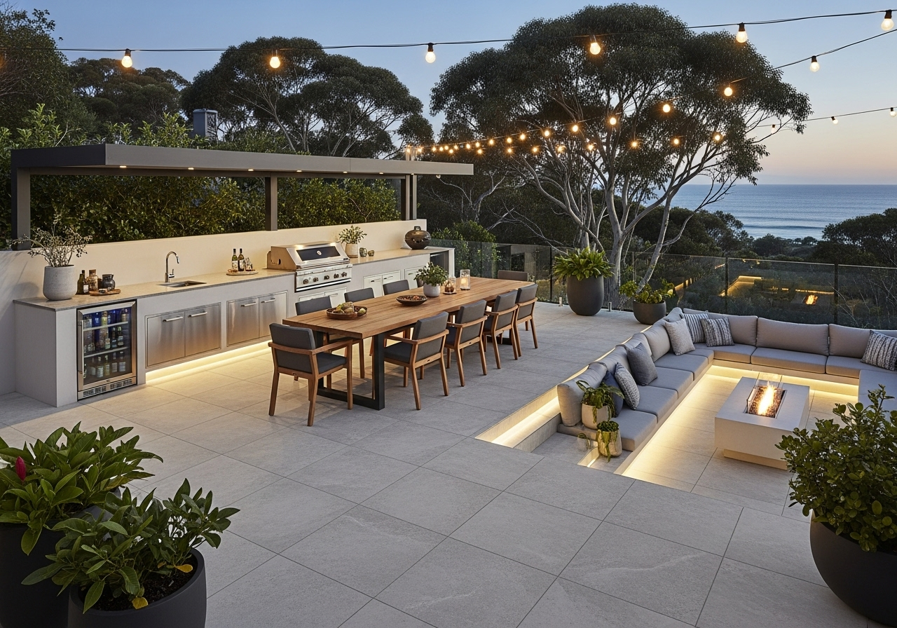Outdoor kitchen and entertainment area with weather-resistant tiles in The Entrance
